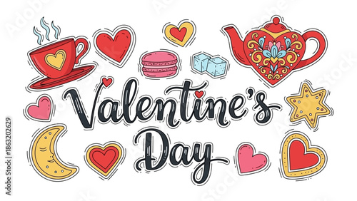 Valentine's Day Elements of Love: An artistic ensemble of Valentine's Day elements, including hearts, a teacup, cookies, and other decorations, forming a heartfelt visual representation.
