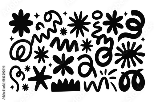 Abstract Hand Drawn Shapes Set. Organic Doodles, Playful Scribbles, Floral Elements, Stars, Curves, Modern Decorative Forms, and More. Vector Illustration. Editable Stroke.