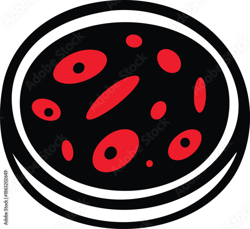 Vibrant red cells or microorganisms in a laboratory petri dish, an iconic graphic symbolizing biological research, health science, and microscopic discovery