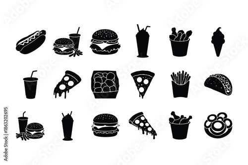 Fast Food Icons Set. Burger, Pizza, Hot Dog, Fries, Soda, Ice Cream, Fried Chicken, Taco, Milkshake, and More. Silhouette Vector Illustration. Isolated on White.