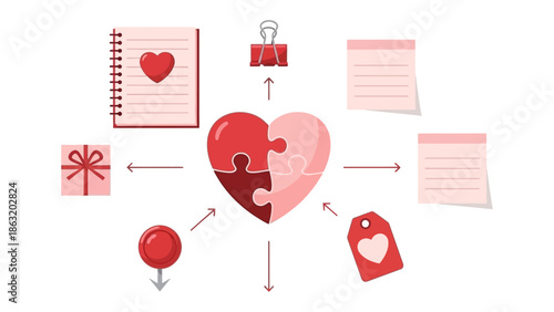 Harmony of Love: An artistic arrangement of a heart shaped puzzle surrounded by elements of affection and thoughtfulness, alluding to connection and emotion.