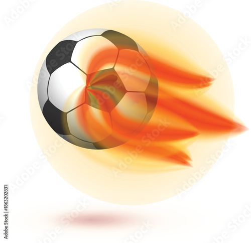 Flaming soccer ball flying through air with orange fire trail vector