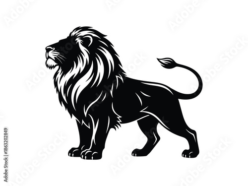 Elegant black and white illustration of a majestic male lion in profile