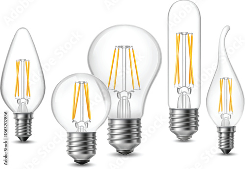 Glowing retro light bulbs with base and metal glass transparent vector