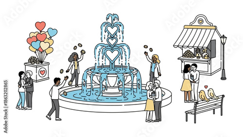 Love and Romance in the Square: A charming illustration depicts couples strolling and celebrating their love near a fountain of love and other romance element
