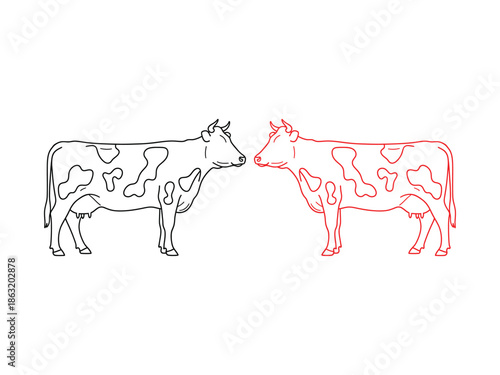 Two cows facing each other depicted in a simple line drawing style
