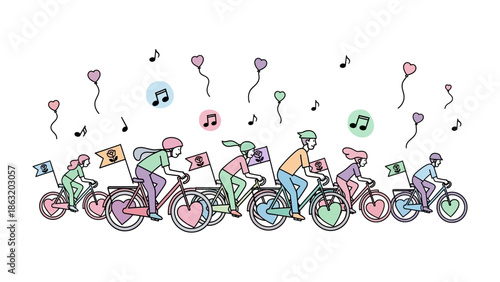 Cycling Parade: A joyous cycling parade glides along a path adorned with heart balloons and musical notes, radiating a sense of community and celebration.