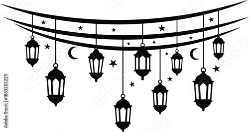 Elegant Black Lanterns with Stars and Moons Art Design