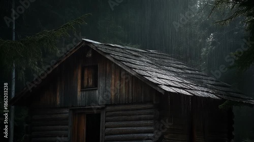 Rustic wooden cabin in a dark forest during rain