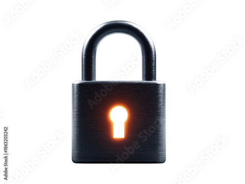 Volumetric 3D padlock isolated on transparent background for cybersecurity