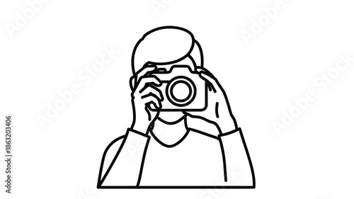 A simple line drawing depicts a person actively taking a photograph with a camera