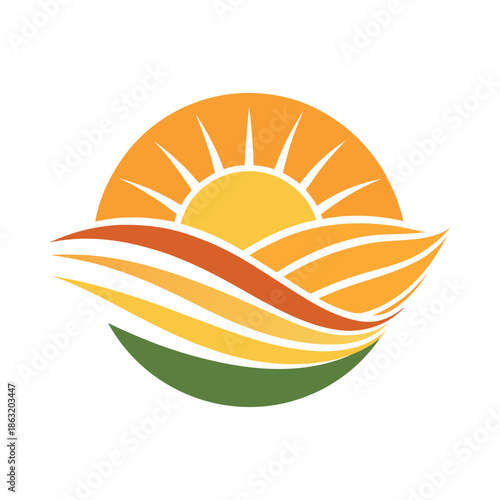 Minimal flat logo of a sunrise over rolling fields and water, warm orange sun rays, flowing layered waves,