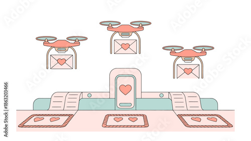  Love Letter Delivery: Drones are delivering love letters with hearts from a production line. Showcasing the convergence of technology and affection.