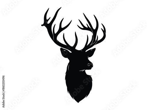 Silhouette of a majestic deer with large intricate antlers against a white background