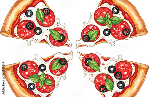Flat vector illustration of pepperoni pizza slices with fresh mozzarella cheese basil leaves and black olives isolated on white background for food menus.