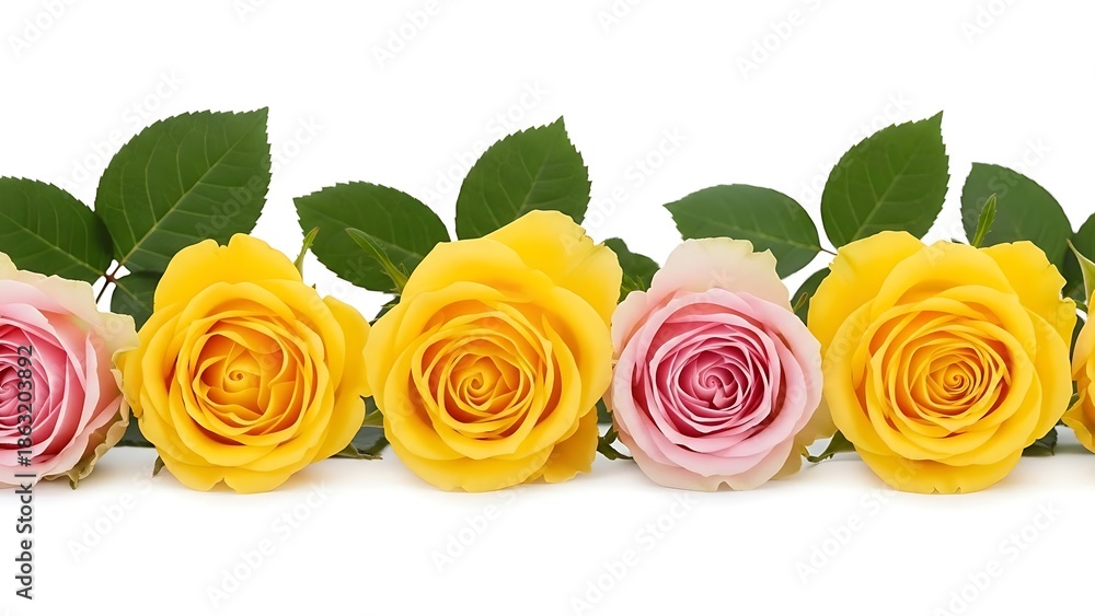 Naklejka premium Beautiful yellow and pink roses with green leaves