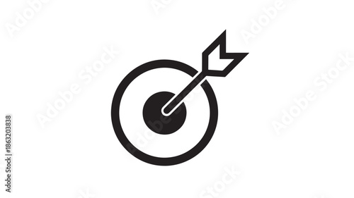 Black and white vector icon of a bullseye target with an arrow hitting the center, minimalist flat design symbolizing goal achievement and precision