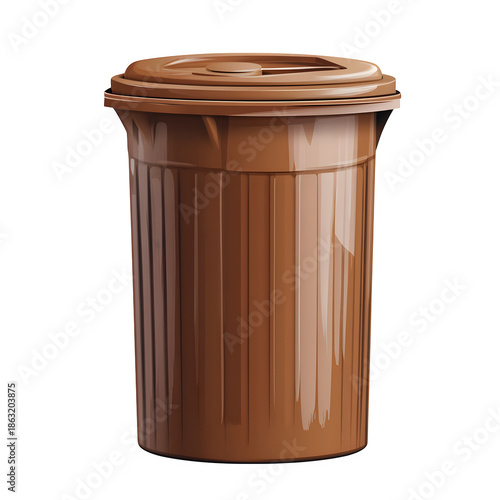 Brown Plastic Trash Can with Lid, Vertical Ridges, Cylindrical Shape, and Central Handle