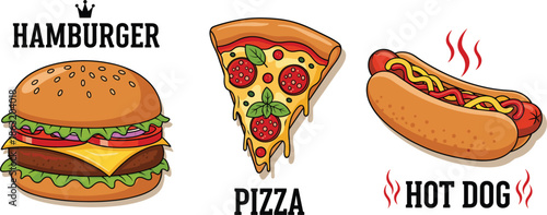 Flat vector illustration of popular fast food items including a cheeseburger pepperoni pizza slice and hot dog with mustard for restaurant menus.