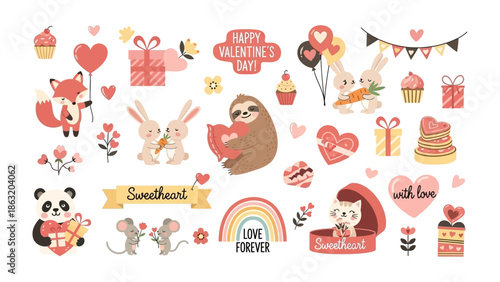Valentine's Day Elements: A collection of adorable illustrations, featuring charming characters and romantic elements perfect for expressing affection and celebrating the holiday.