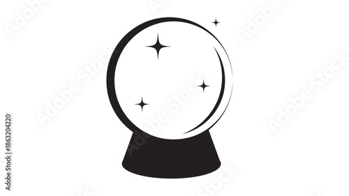 Front view of a black silhouette snow globe on a pedestal, with sparkling stars inside, minimalist vector illustration in bold solid shapes