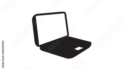 Open laptop silhouette icon in flat black on white, minimalist vector design showing tilted screen and keyboard with square trackpad cutout