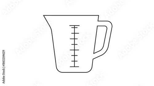 Outline vector illustration of a measuring cup with vertical scale marks, side view, kitchen jug with handle and spout in minimalist line art style