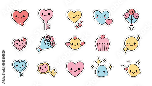 Cuteness Overload: Adorable heart and flower designs in a kawaii-inspired illustration. 