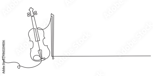 Violin continuous one line drawing, continuous one line drawing. Classic violin music instrument single line art illustration, for orchestra and concert banner in simple linear style. Editable stroke.