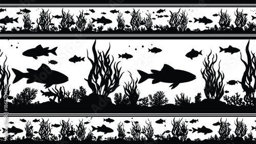 Black and white underwater sea life silhouette border with fish swimming through aquatic plants and coral reef for decorative nature background design