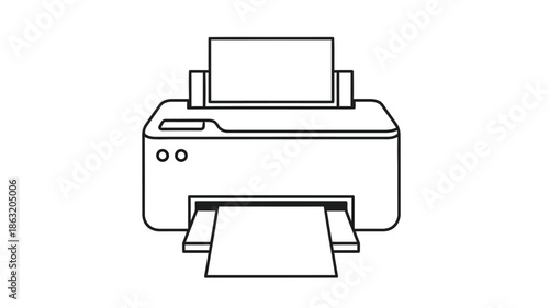 Simple line drawing of a modern inkjet printer with a sheet of paper emerging