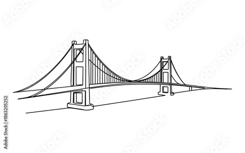 A black and white line drawing of two suspension bridges