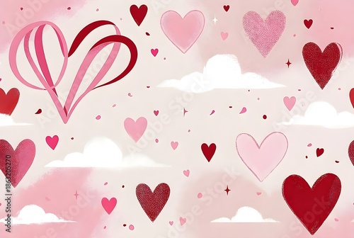 whimsical pattern of various pink and red hearts floating among white clouds.