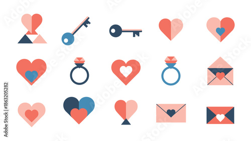Symbolic Icons of Affection: A set of love-themed icons representing various symbols of love, commitment, and romance, set against a pristine backdrop, perfect for conveying emotions.