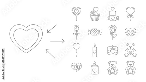 Valentines Day Iconography: An array of delightful line art illustrations, capturing the essence of Valentines day. Explore thematic icons of love, including hearts, roses, and sweets.
