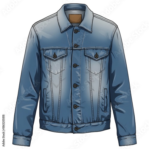 Anime Style Illustration of a Classic Blue Denim Jacket with Button Closure and Chest Pockets