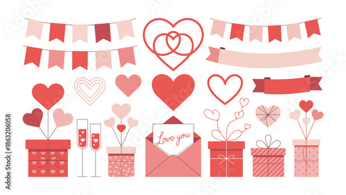 Hearts and Gifts of Romance: A collection of charming Valentine's Day decorations, featuring hearts, banners, gift boxes and champagne glasses, expressing the sentiments of love and affection.
