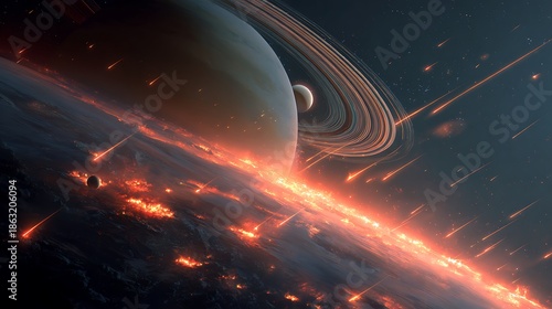 Digital art featuring a planet with rings, meteors, and burning terrain in deep space