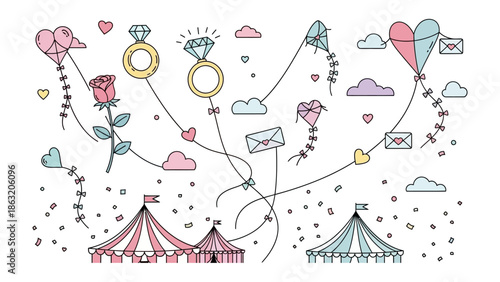 Love-Filled Wedding Carnival: Whimsical illustrations depict a joyful celebration of love, featuring kites, rings, roses, hearts, clouds, and circus tents, all symbolic of a memorable wedding.