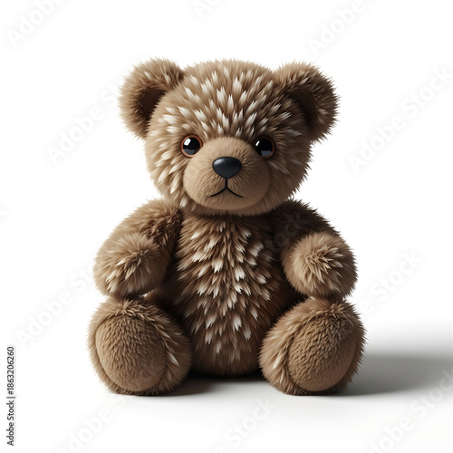 Fluffy Brown Teddy Bear with Speckled Fur Sitting on a White Background