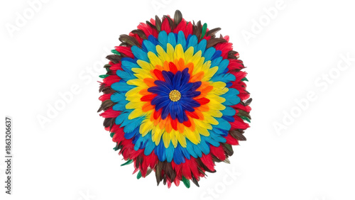 Colorful juju hat or bamileke headdress made of feathers on transparent background