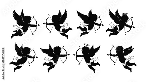 Cherubs of Affection: A set of delicate cherub silhouettes in varying poses, each aiming an arrow, conveying themes of love and affection.
