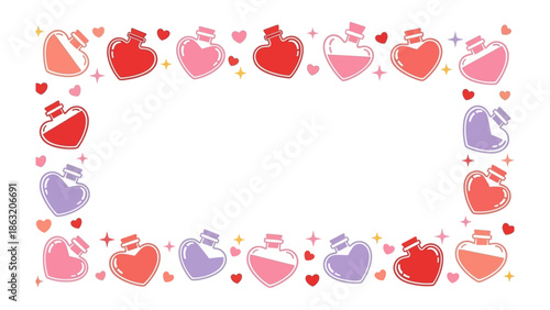 Love Potion Frame: A collection of heart-shaped bottles filled with colorful love potions artfully arranged to form an enchanting frame.
