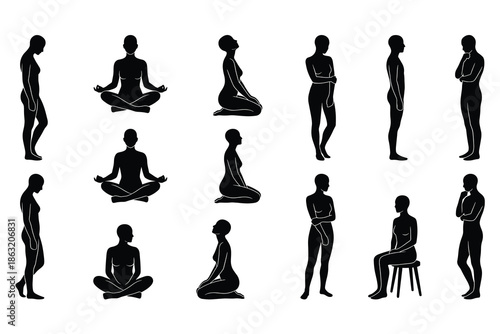 Female human silhouette poses vector set, standing sitting meditation postures, black woman figures, minimal illustration collection