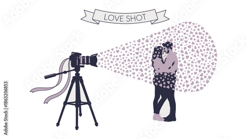 Love Shot: A camera on a tripod focuses on a couple. with a shower of love symbols in the background. Illustrating love.