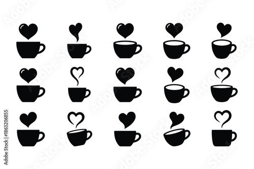 Wallpaper Mural Coffee cup heart steam silhouette icons vector set, hot drink love symbols, cafe beverage shapes, minimal black design Torontodigital.ca