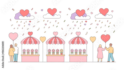 Valentine's Day stalls and couples: Illustrative depiction of Valentine's Day market stalls and couples in an illustration setting, surrounded by heart motifs and a dreamy ambiance of love.