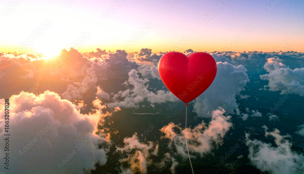 Fototapeta premium Red Heart Balloon Soaring Above Dreamy Clouds at Golden Hour. Symbol of Love, Romance, Hope, and Freedom in a Beautiful Sunset or Sunrise Sky.