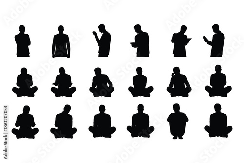 Male human silhouette poses vector set, sitting meditation and standing activities, business thinking figures, black shadow illustration