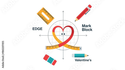 Edge of love: A graphic resources design showcases a heart shaped, accompanied by geometric tools symbolizing precision and measurement, creating a harmonious and balanced composition.
